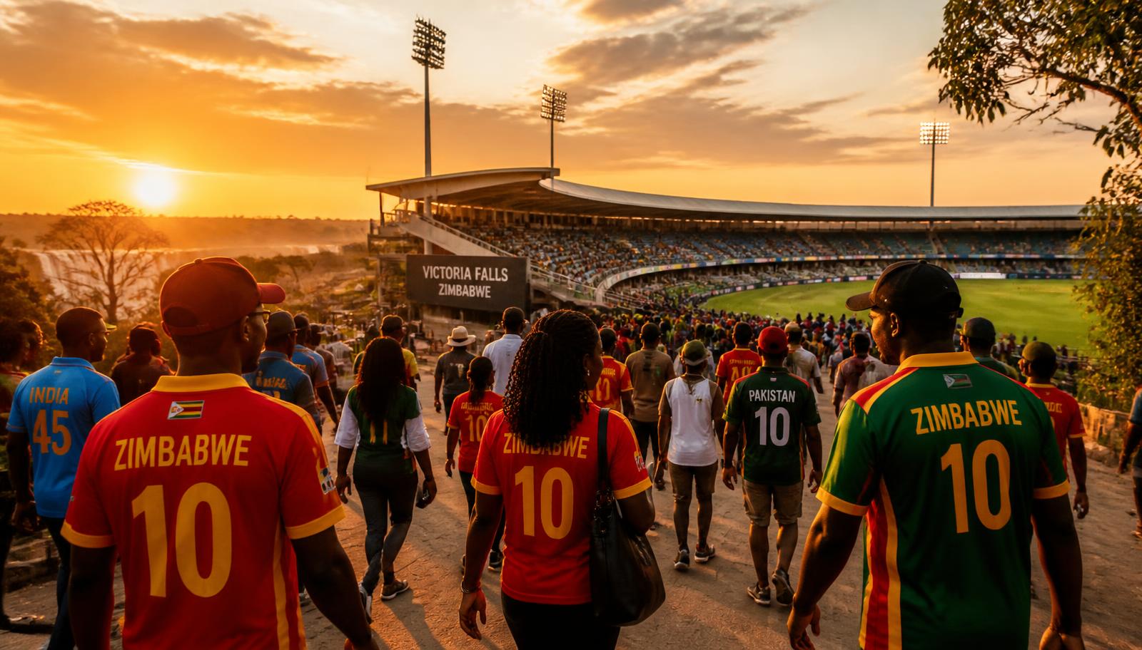 Cricket supporters celebrating inside a stadium in Victoria Falls