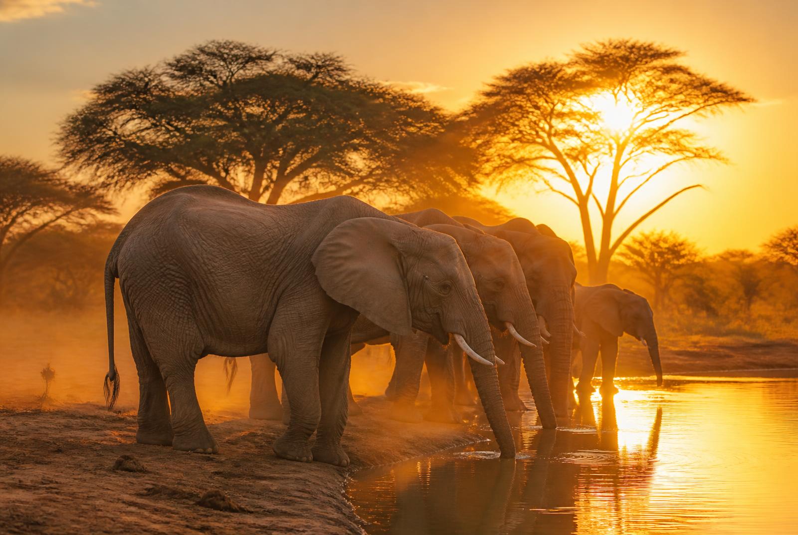 Elephants drinking at a waterhole at golden hour