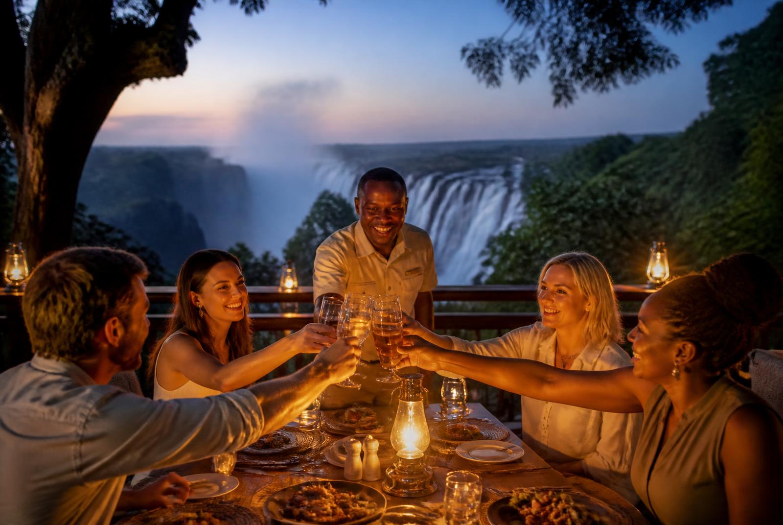 Guests toasting at a lantern-lit dinner above Victoria Falls