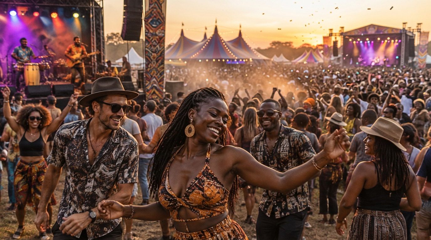 Friends dancing at an outdoor music festival near Victoria Falls